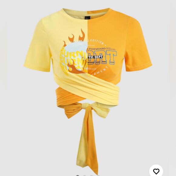 Cider Color Block Tie Front Crop Top Graphic Tee Short Sleeve Casual T Shirt Med - Picture 1 of 8